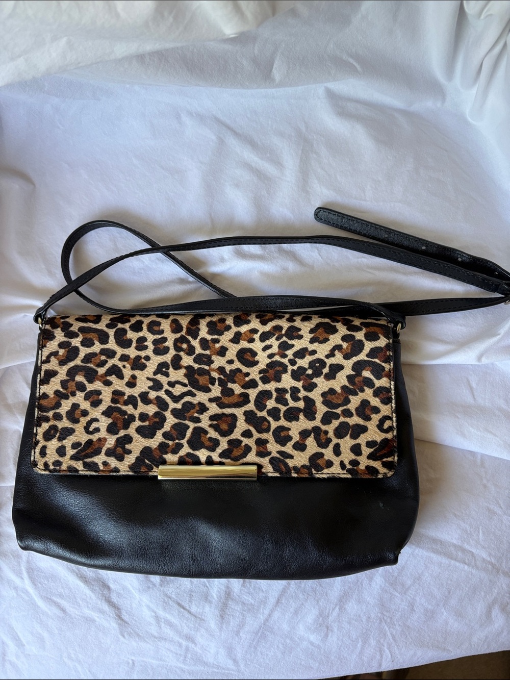 Leopard Calf Hair Flap Crossbody Bag in Black and Brown